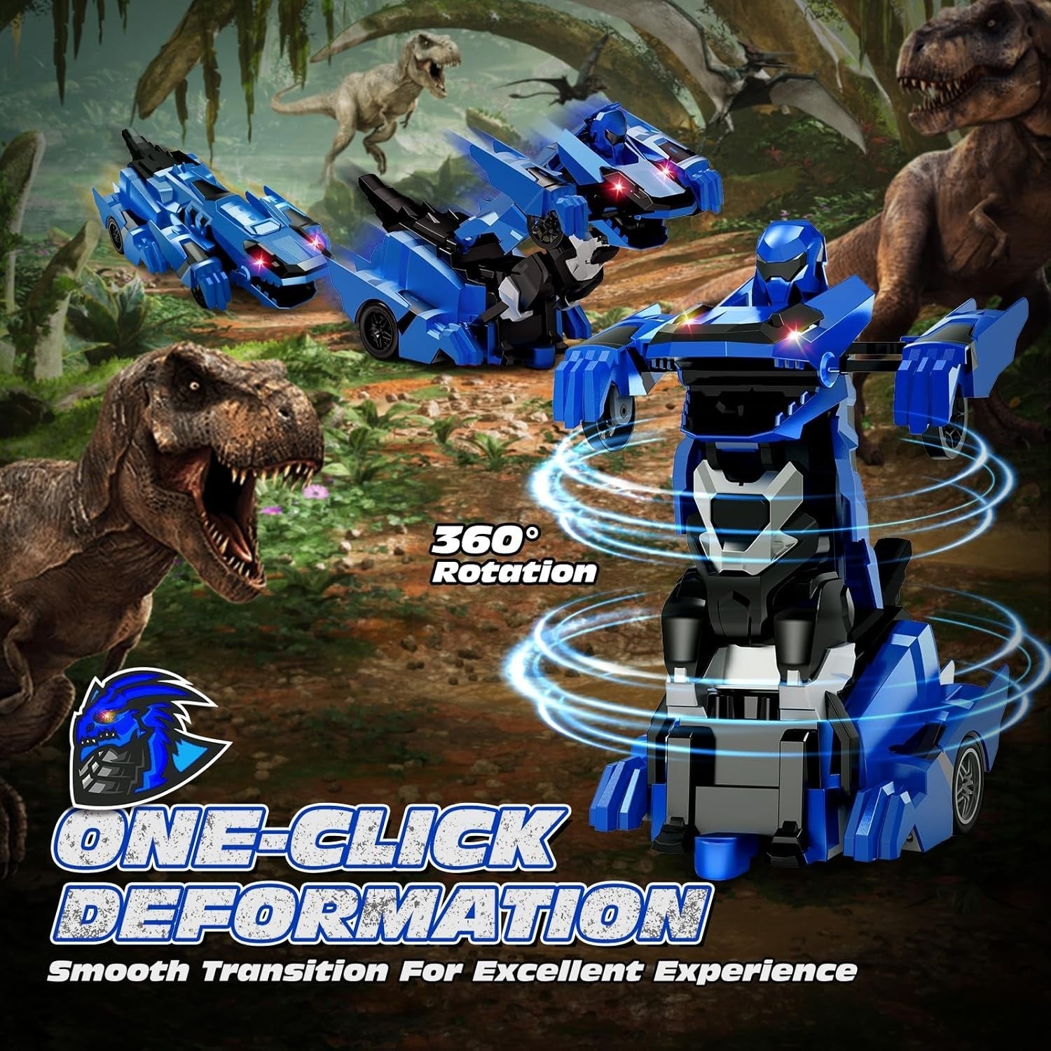 RC Dinosaur Robot Car 2-in-1 Transform Remote Control Toy 360° Spin LED Kids