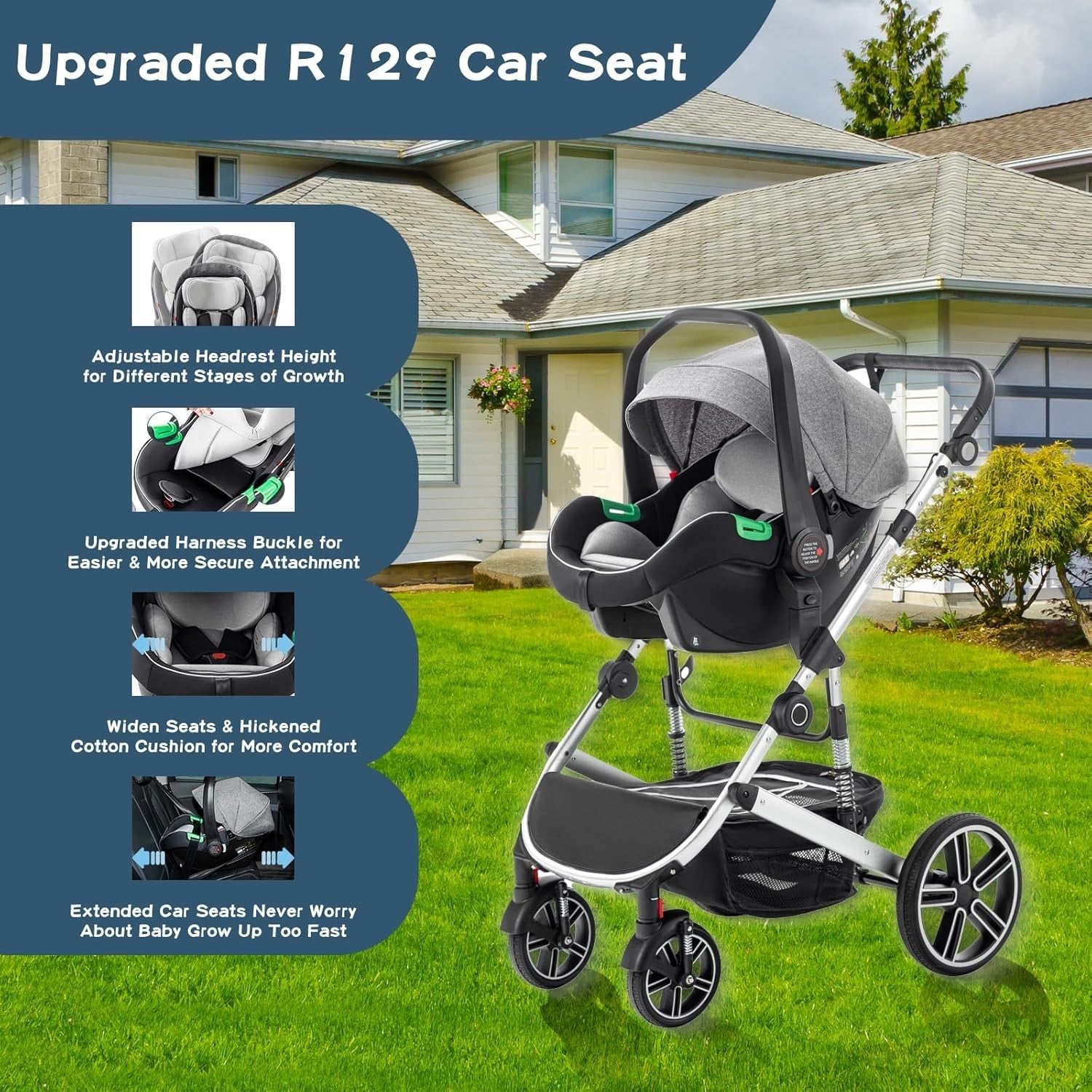 3-in-1 Baby Pram Travel System Black 0-4Y Adjustable Handle Car Seat