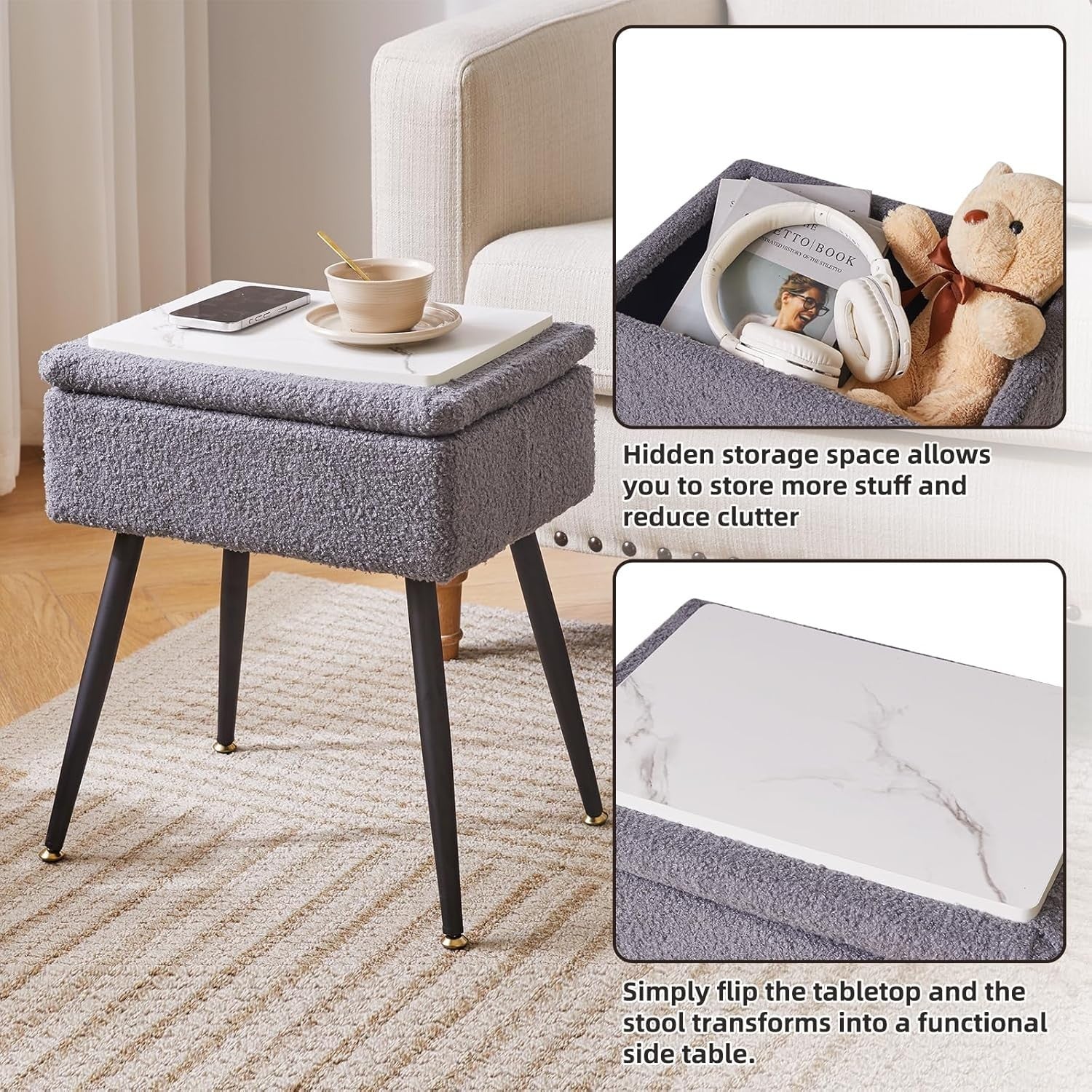 Grey Teddy Fur Vanity Stool with Storage – Soft Ottoman Chair for Bedroom