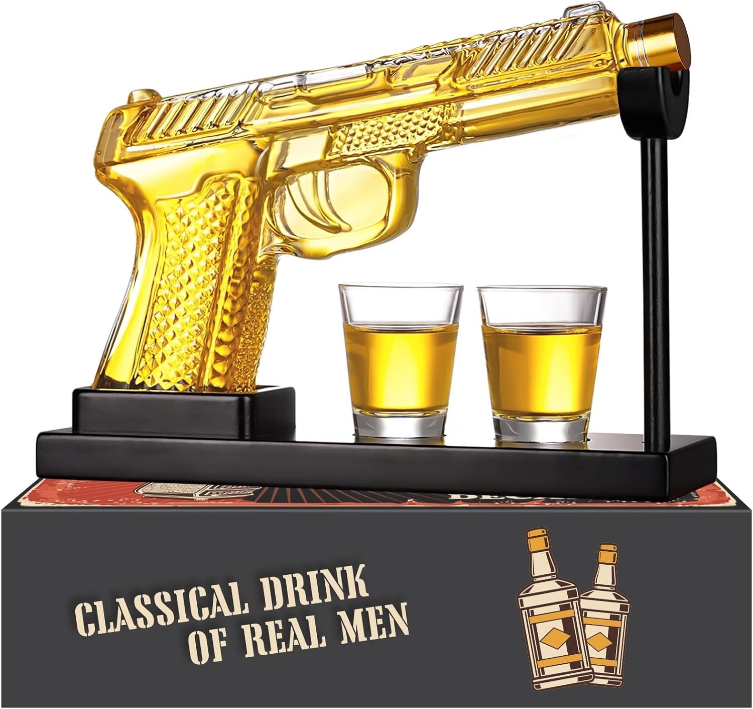 Golden Pistol Whiskey Decanter Set with Shot Glasses 265ml Mens Gift Bar Decor