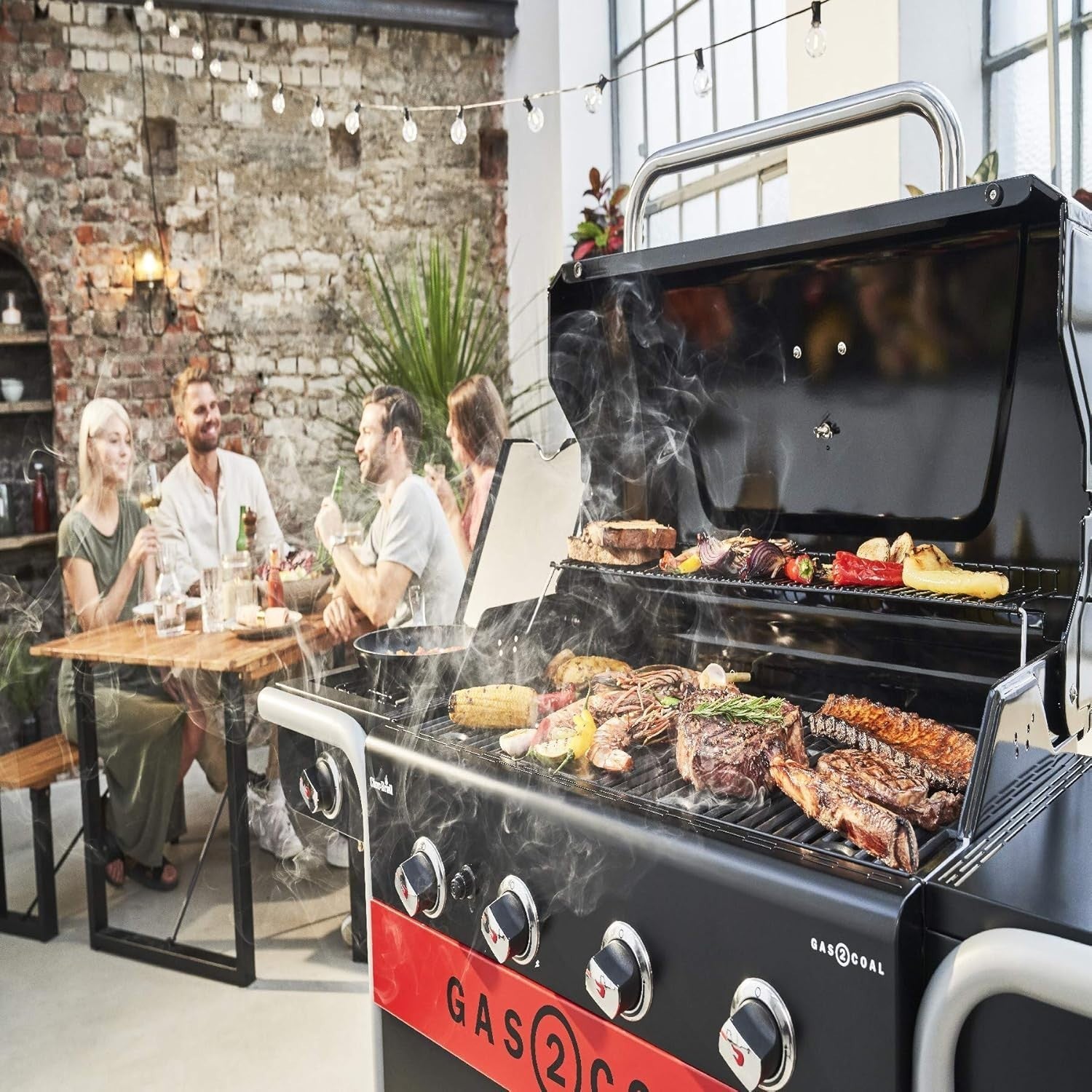 4 Burner Hybrid Gas Charcoal BBQ Grill Outdoor Family Barbecue with Side Shelves