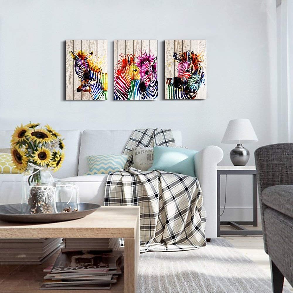 3Pcs Colorful Zebra Watercolor Canvas – Modern Animal Wall Art 12x16in