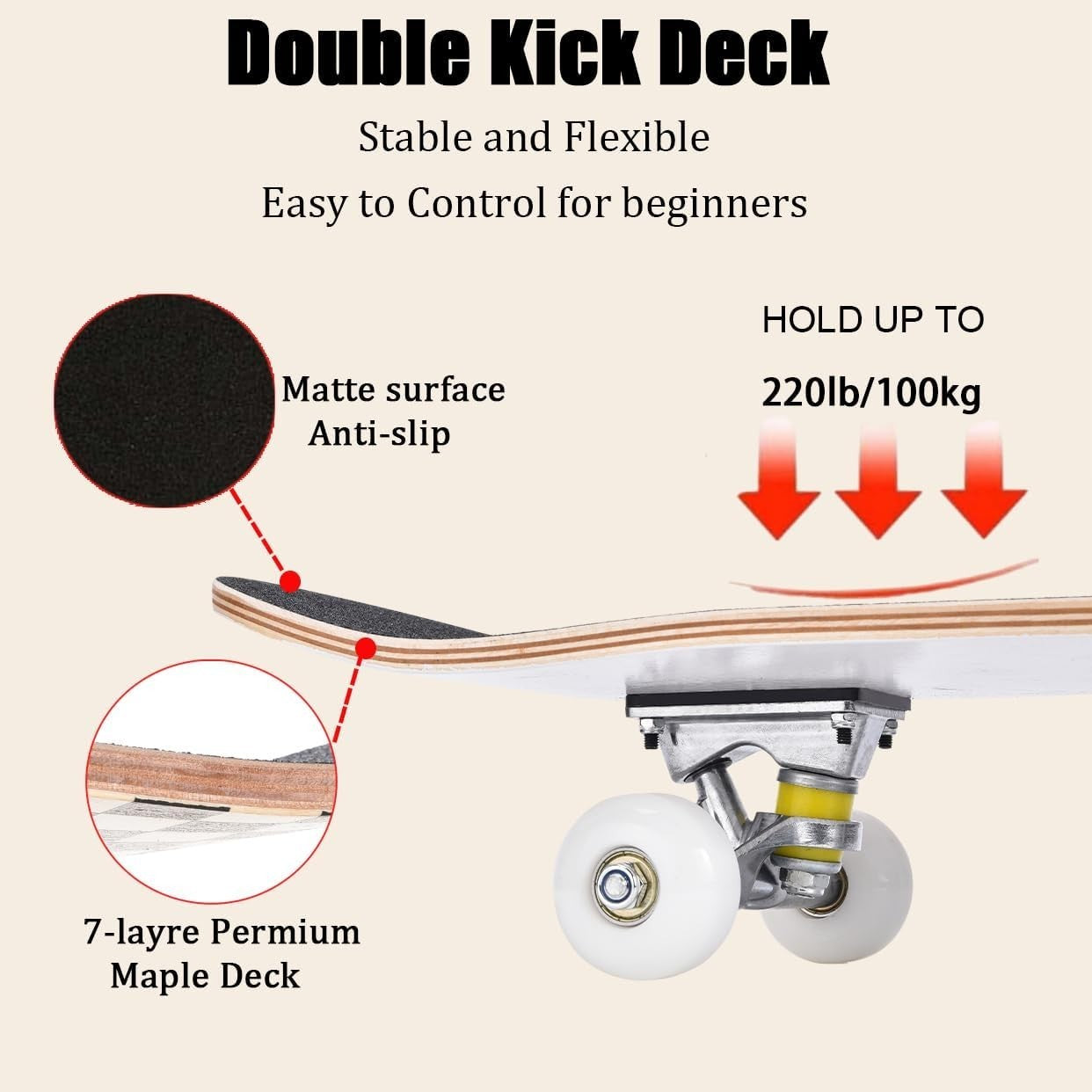 31in Beginner Skateboard Double Kick Maple Deck Ocean Blue Adults Kids + Tool