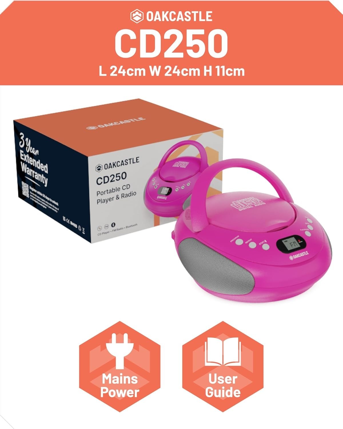 Portable Bluetooth CD Boombox FM Radio Stereo Player LED Display Pink