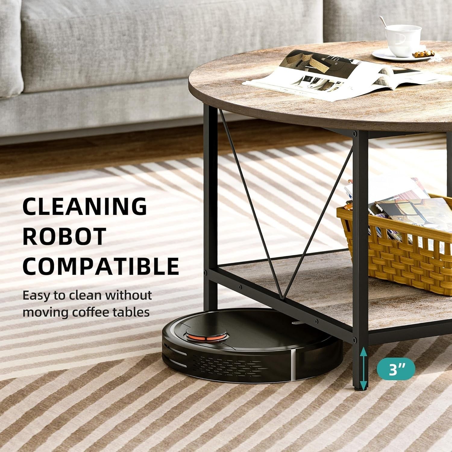 Round Coffee Table with Storage Shelf 80cm Industrial Rustic Metal Legs