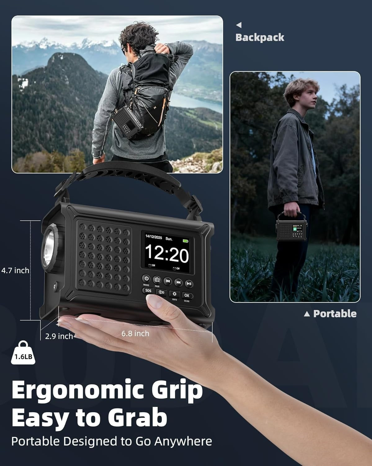 Emergency DAB/FM Solar Wind-Up Radio 12000mAh Bluetooth Torch Charger