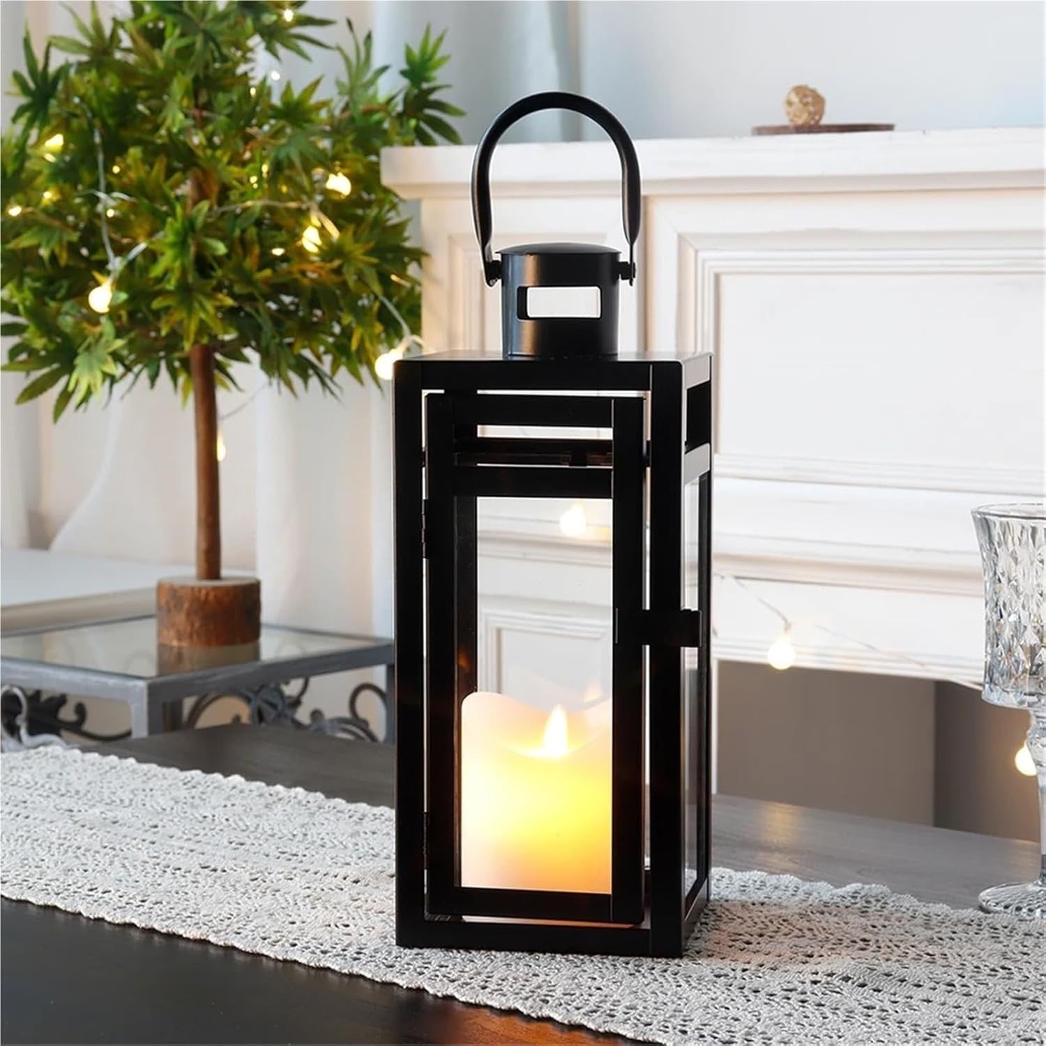 Decorative Black Metal Lantern Candle Holder with Glass for Indoor Outdoor