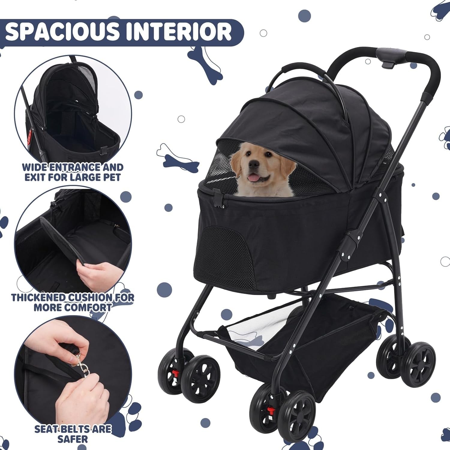 Pet Travel Stroller 3 in 1 Dog Cat Pushchair Folding Carrier Pram Black