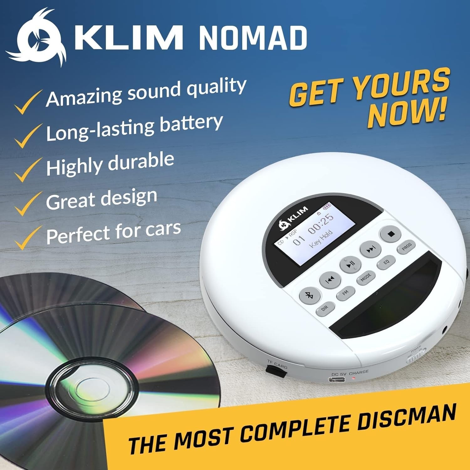Portable CD Player Bluetooth FM Radio TF Card Rechargeable White w/ Earbuds