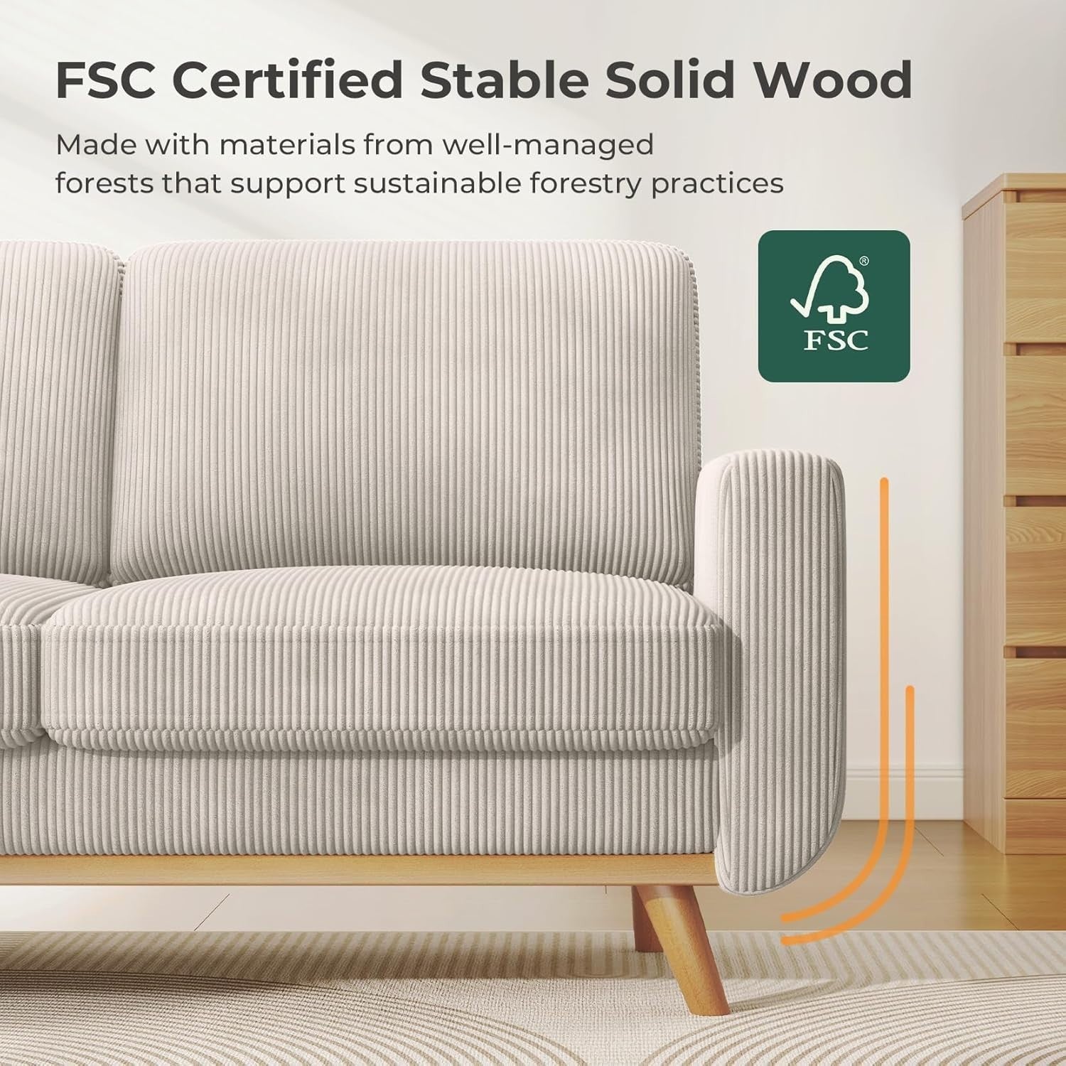 Grey Corduroy 2 Seater Sofa 172cm Deep Seat Solid Wood Frame Spring Cushions