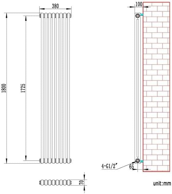 Minimalist 2 Column Bathroom Radiator Matt Anthracite 1800x380mm High Heat