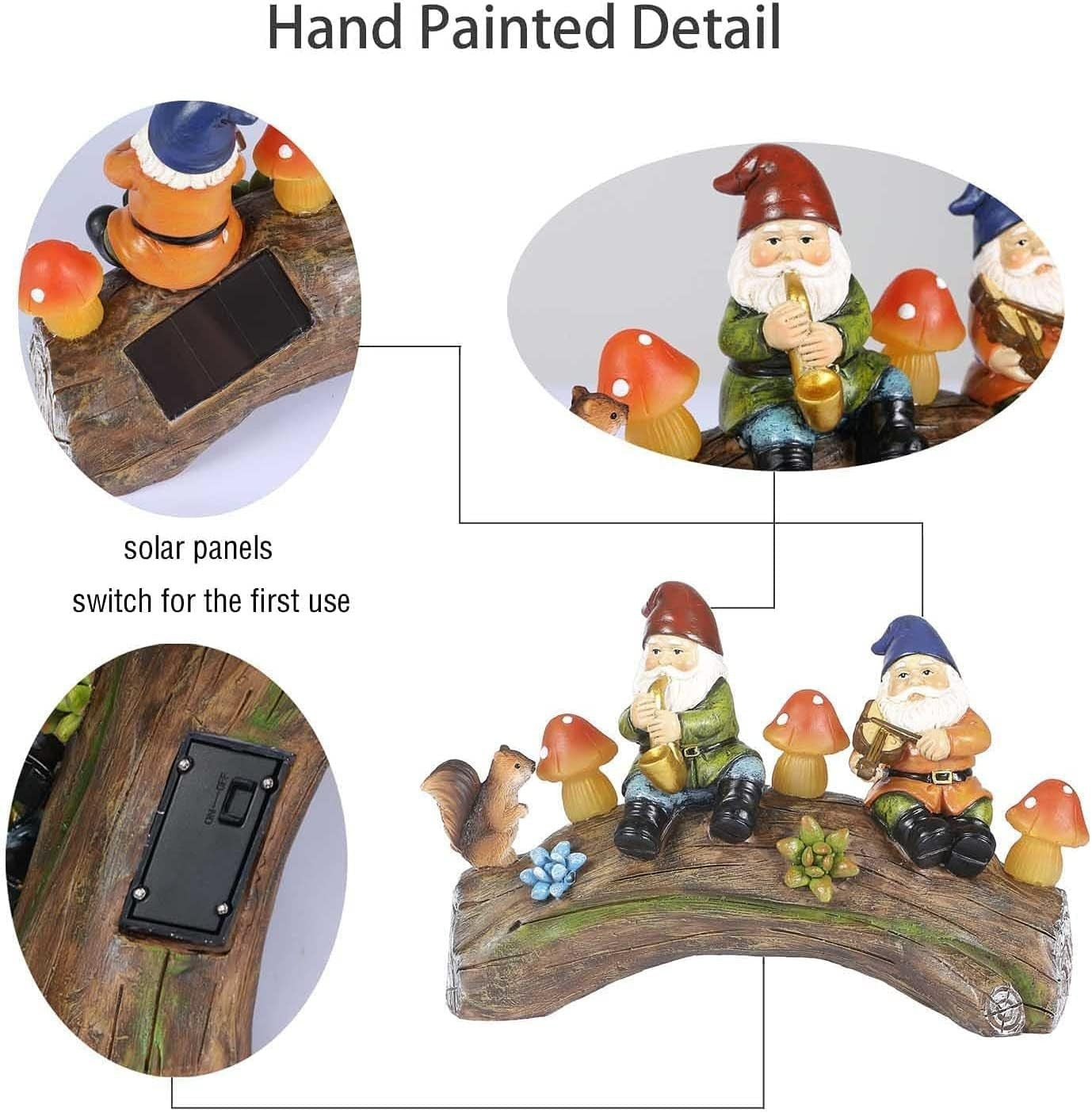 Solar Gnome Garden Ornament with LED Mushrooms Patio Lawn Resin Statue 22.5cm