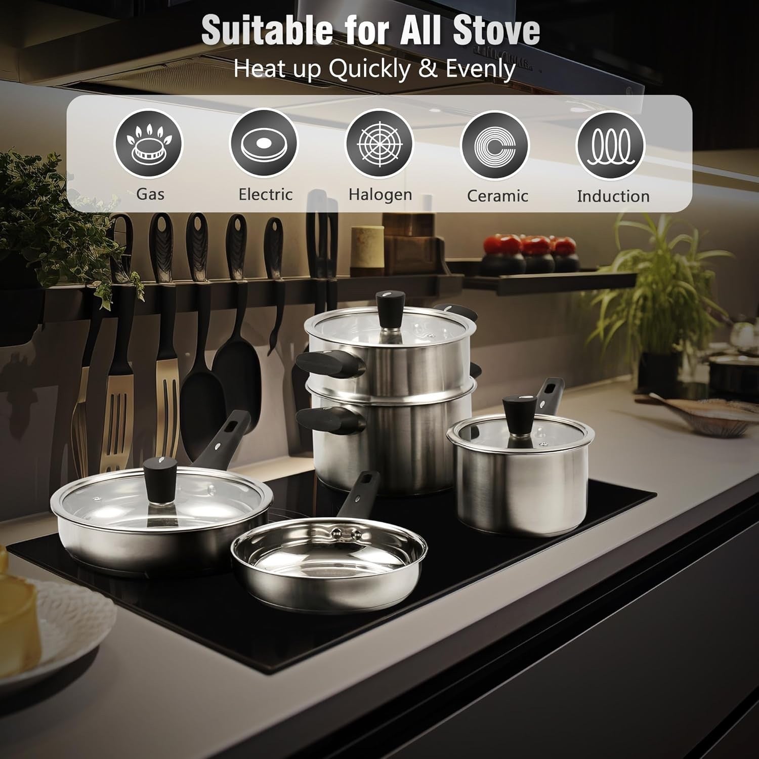 14Pcs Stainless Steel Cookware Set with Steamer &Stay Cool Handle Induction Safe