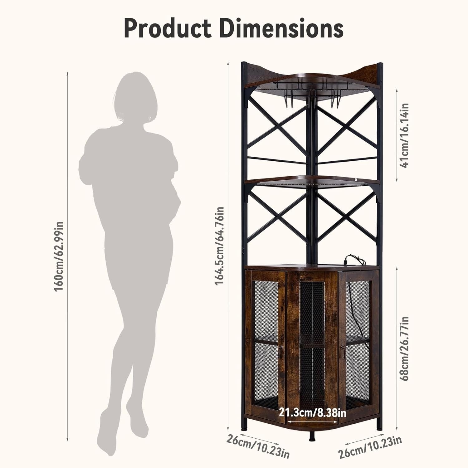 Corner Wine Bar Cabinet with LED Lights, 5-Tier Bottle Rack & Glass Holder