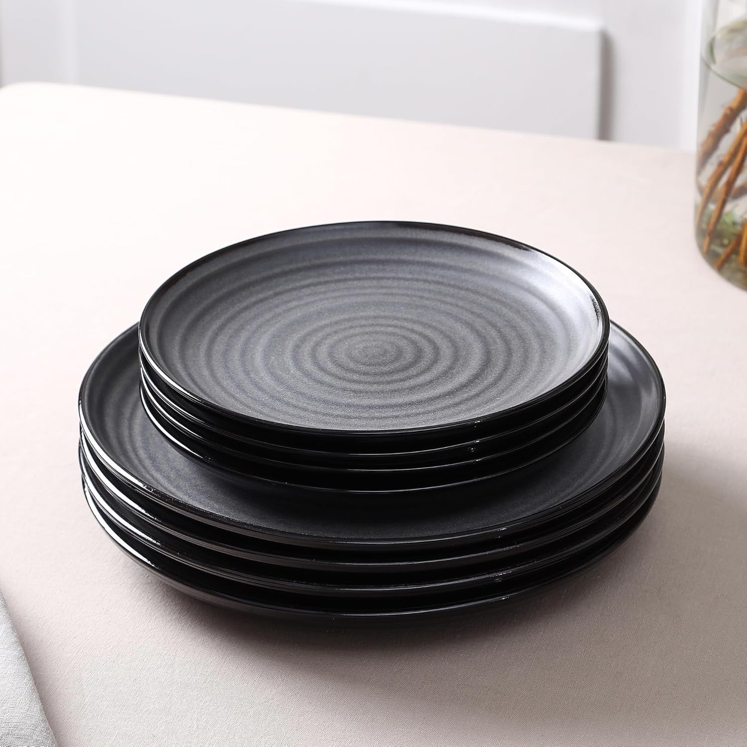 12pc Stoneware Dinner Set Plates Bowls Black Scratch Resistant Modern