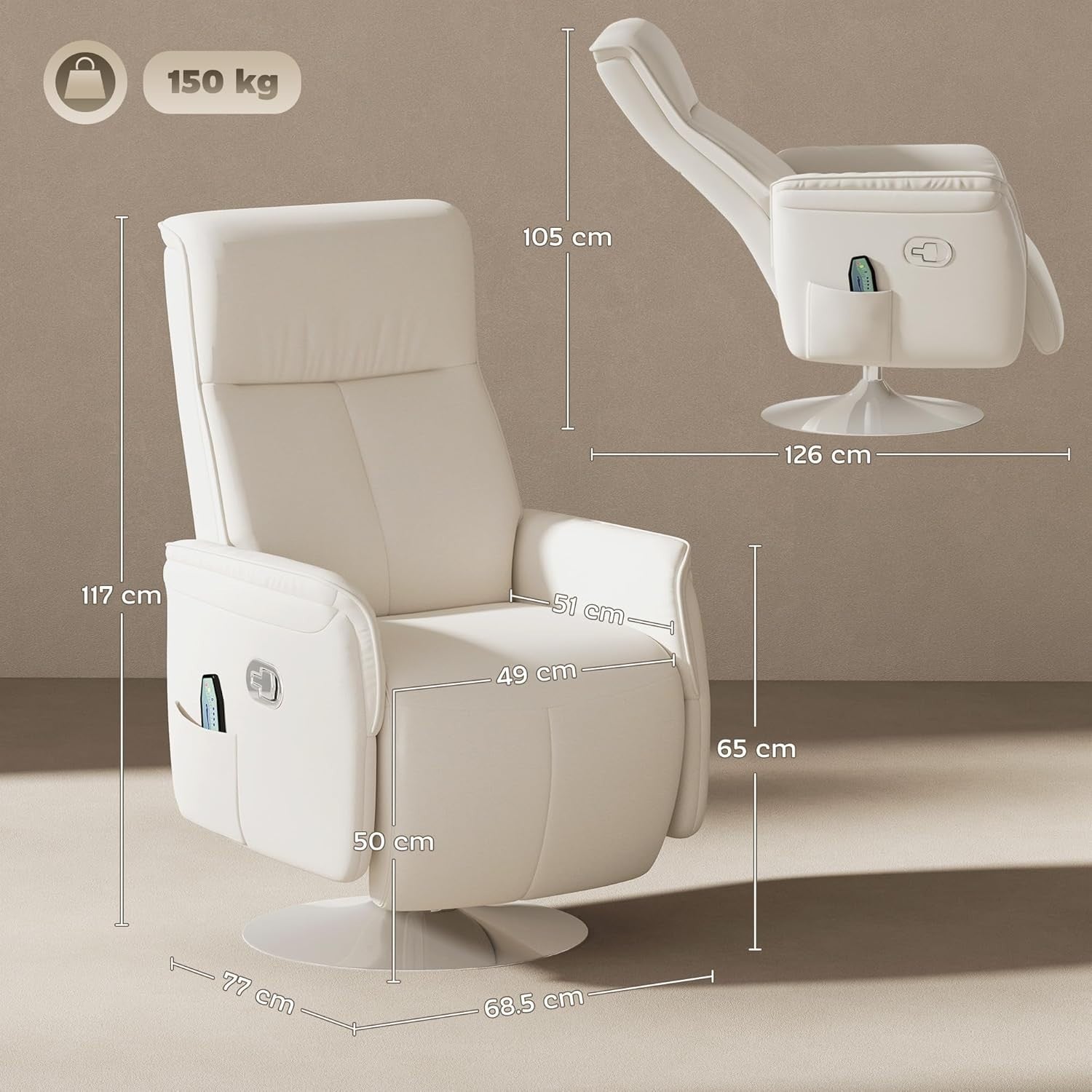 Massage Recliner Chair Footstool 10-Point Swivel Linen Armchair Cream White
