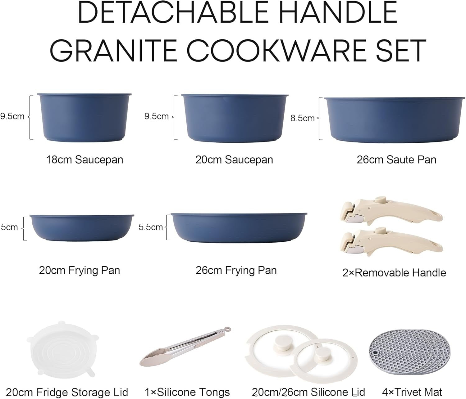 5Pcs Blue Pots Pans Set with Glass Lids & Detachable Handle Induction Safe