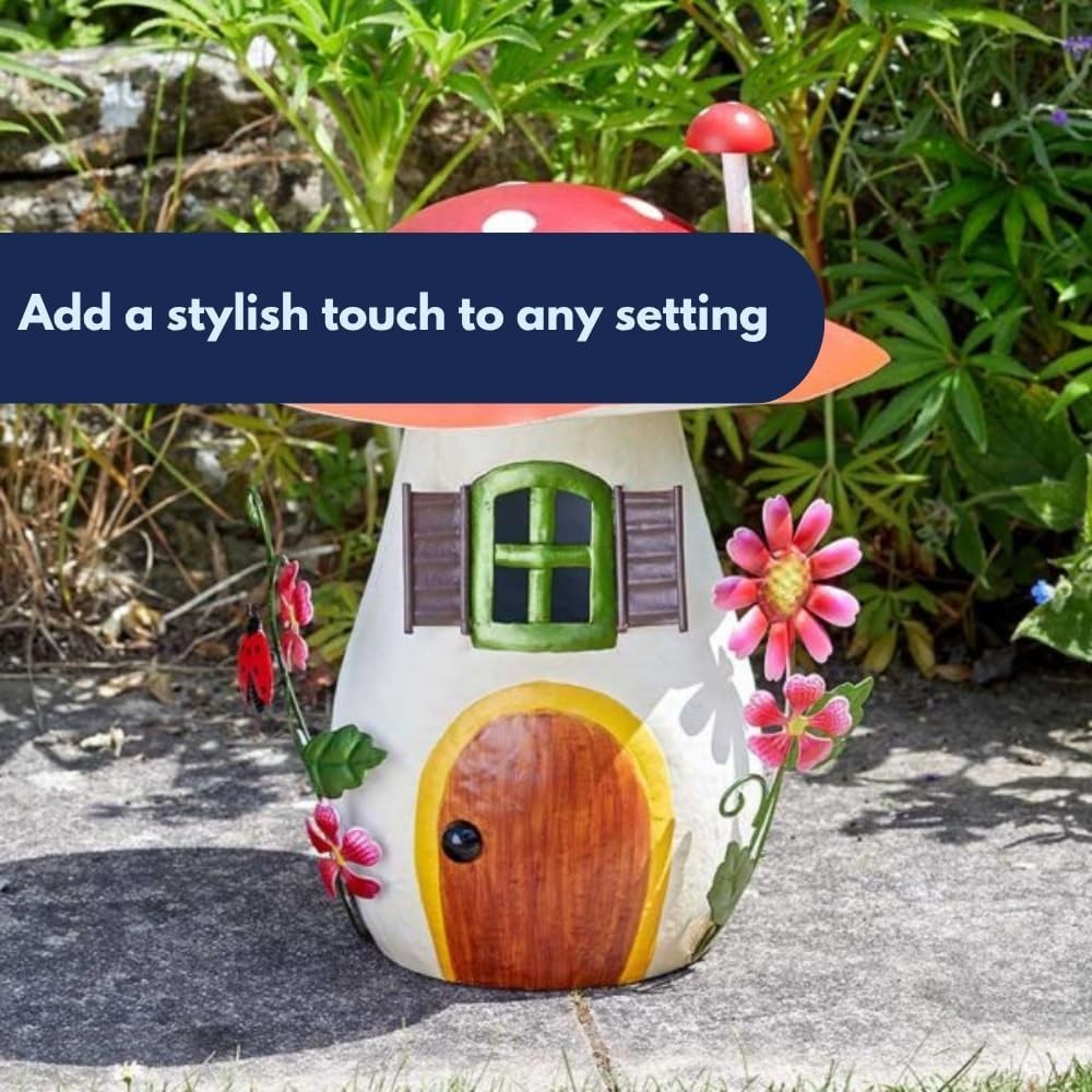 Mushroom Fairy House Garden Ornament Metal Hand-Painted Weatherproof 29cm Decor