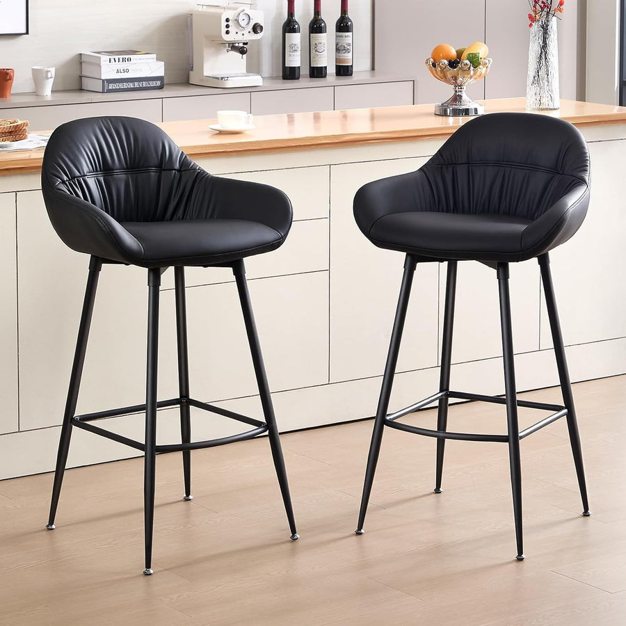 Black PU Leather Adjustable Bar Stools Set of 2 Mid-Century Kitchen