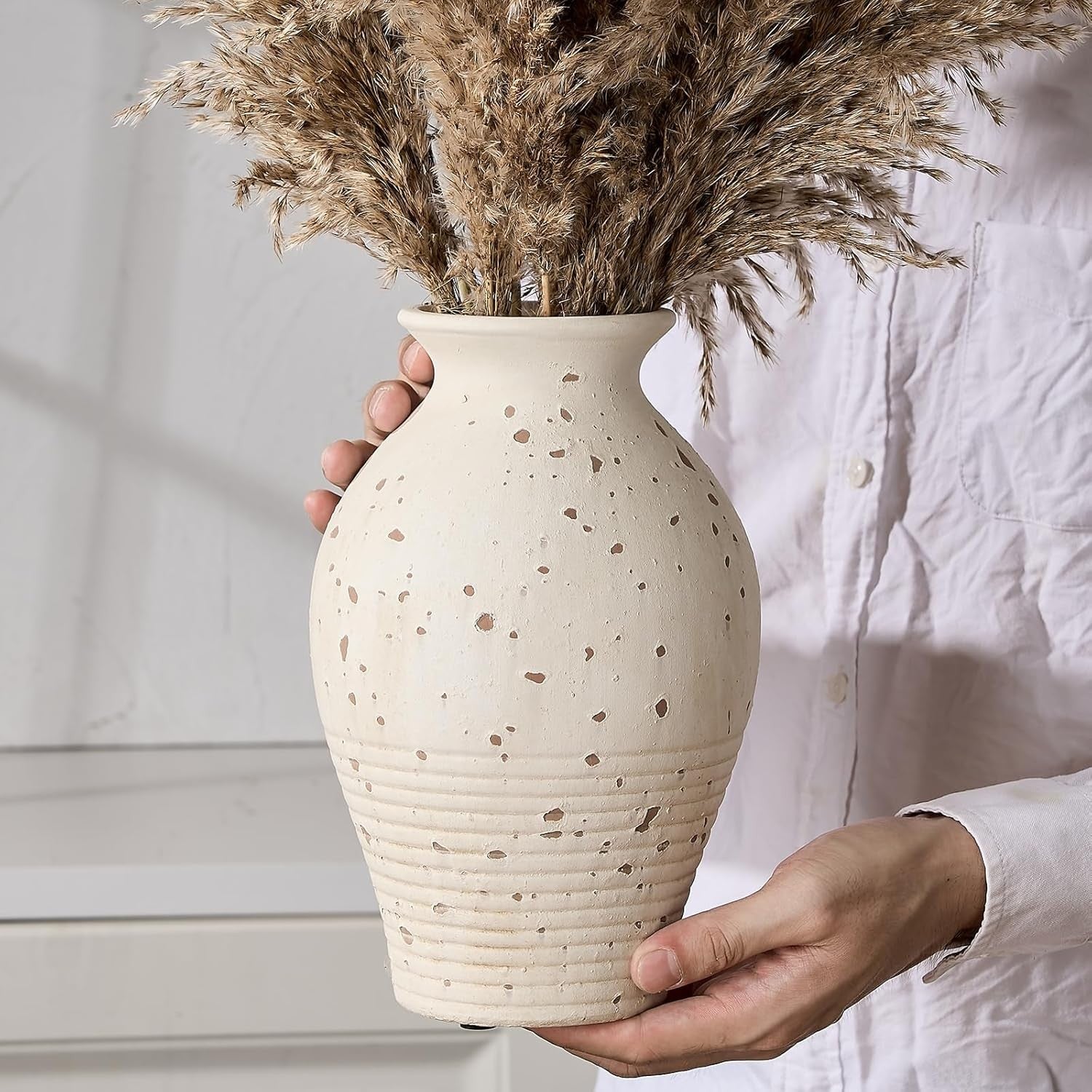 Ceramic Rustic Farmhouse Vase 9.2in Whitewashed Terracotta Home Décor