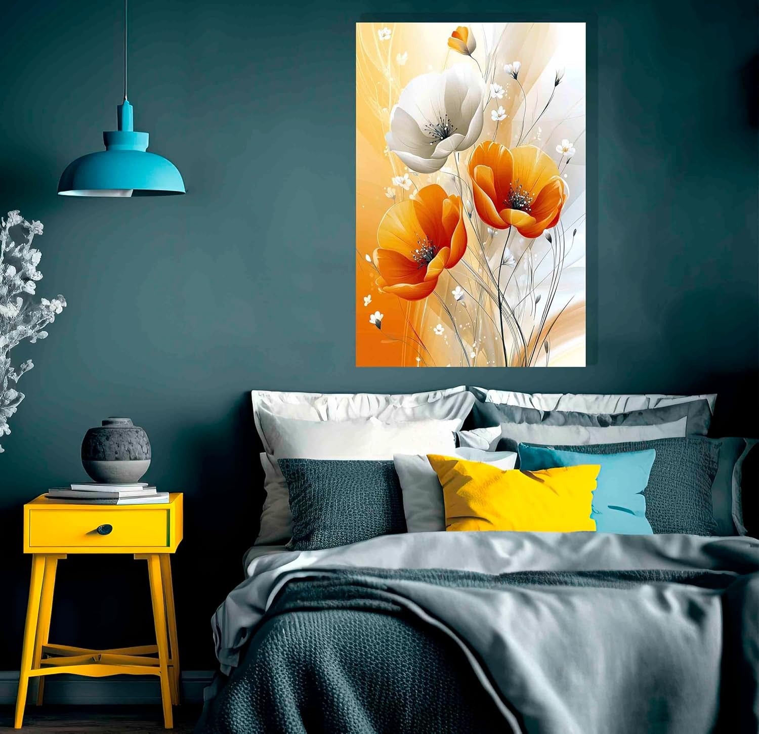 Abstract Orange White Flowers Framed Canvas Print 40x30 cm Modern Art