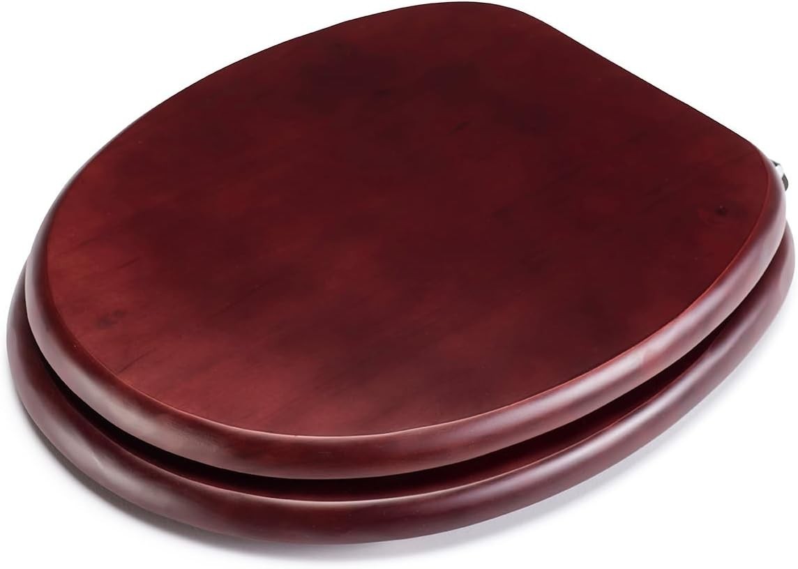Solid Wood Toilet Seat Mahogany Wooden Oval Adjustable Hinges Chrome Fixings
