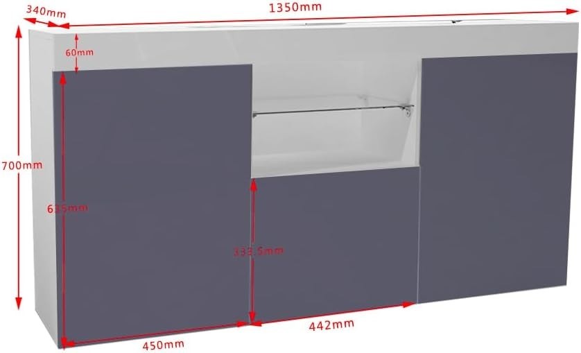 High Gloss Grey Sideboard Cabinet with LED Lights 3 Doors Storage Unit