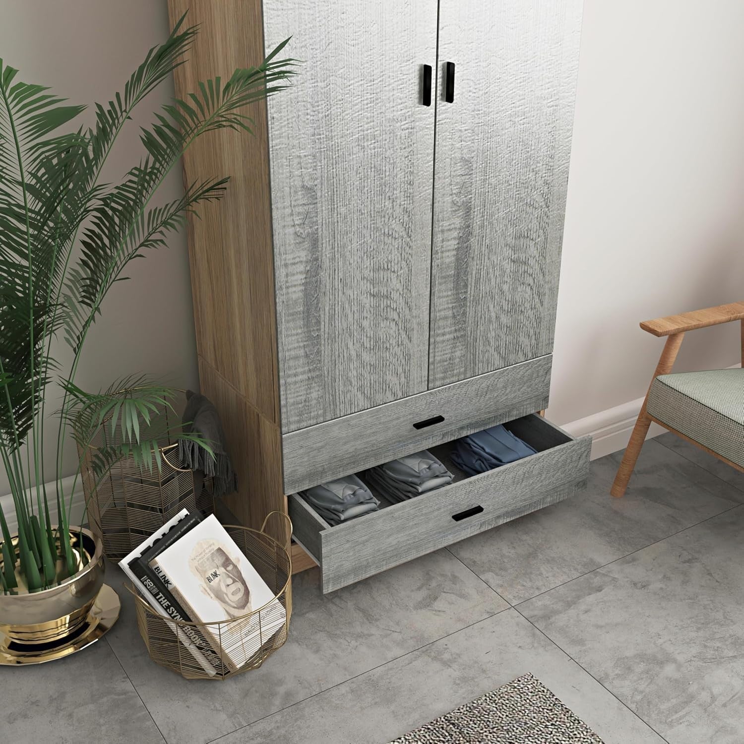 Grey Drawer 2 Door Wardrobe Oak Frame | Modern Tall Bedroom Storage Unit