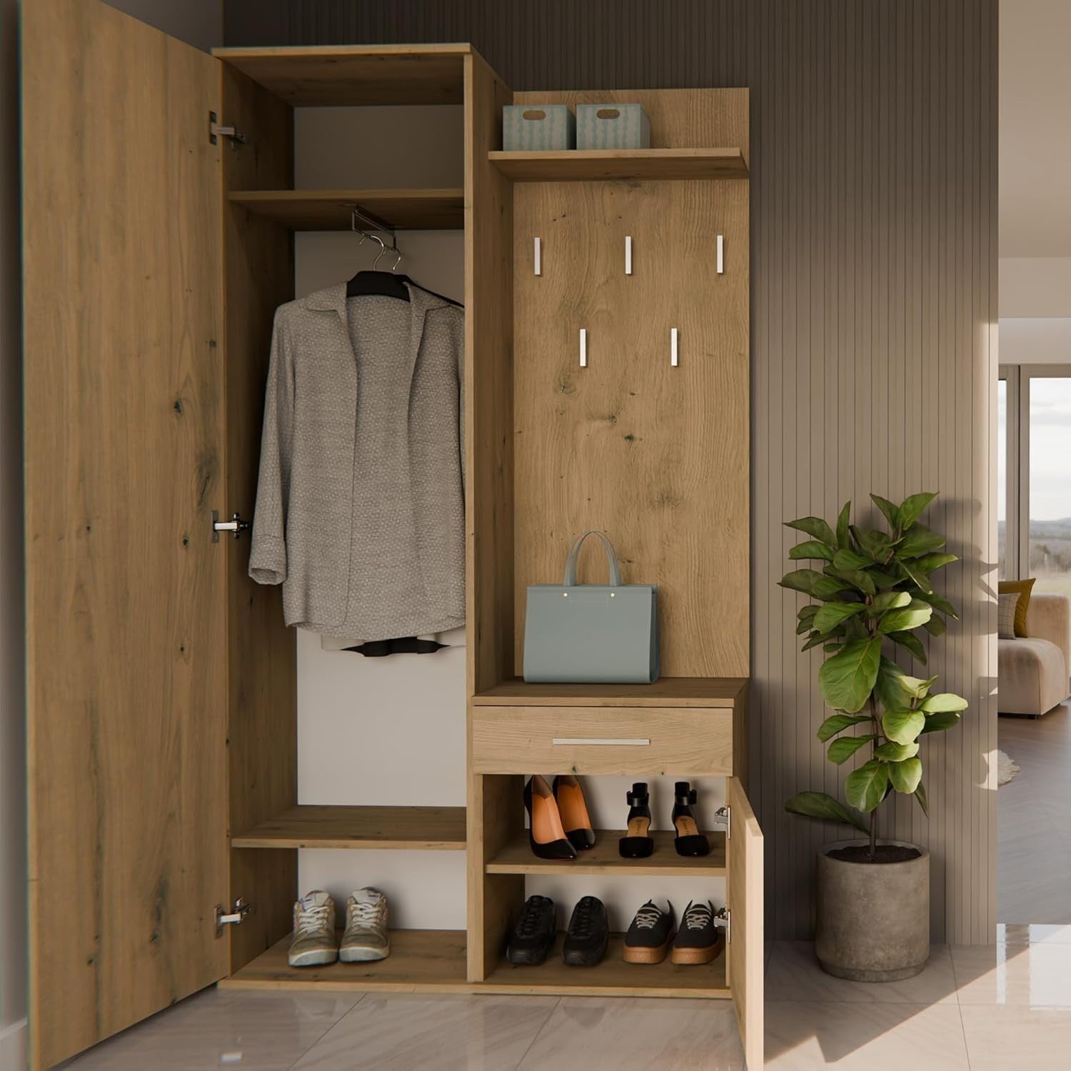 Modern Hallway Wardrobe with Drawers, Hooks & Shoe Storage, 180cm Tall