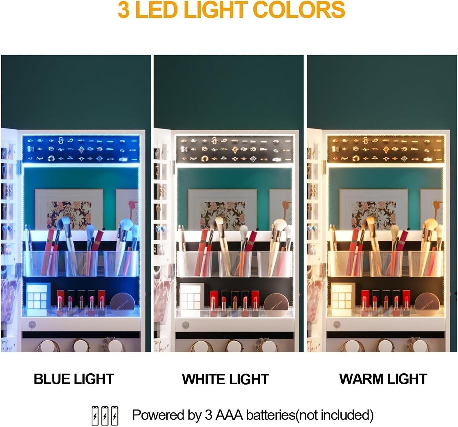LED Full Length Jewelry Armoire Mirror Lockable Storage Organizer White