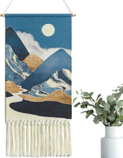 Boho Macrame Wall Hanging Moon Sun Mountain Woven Decor Blue