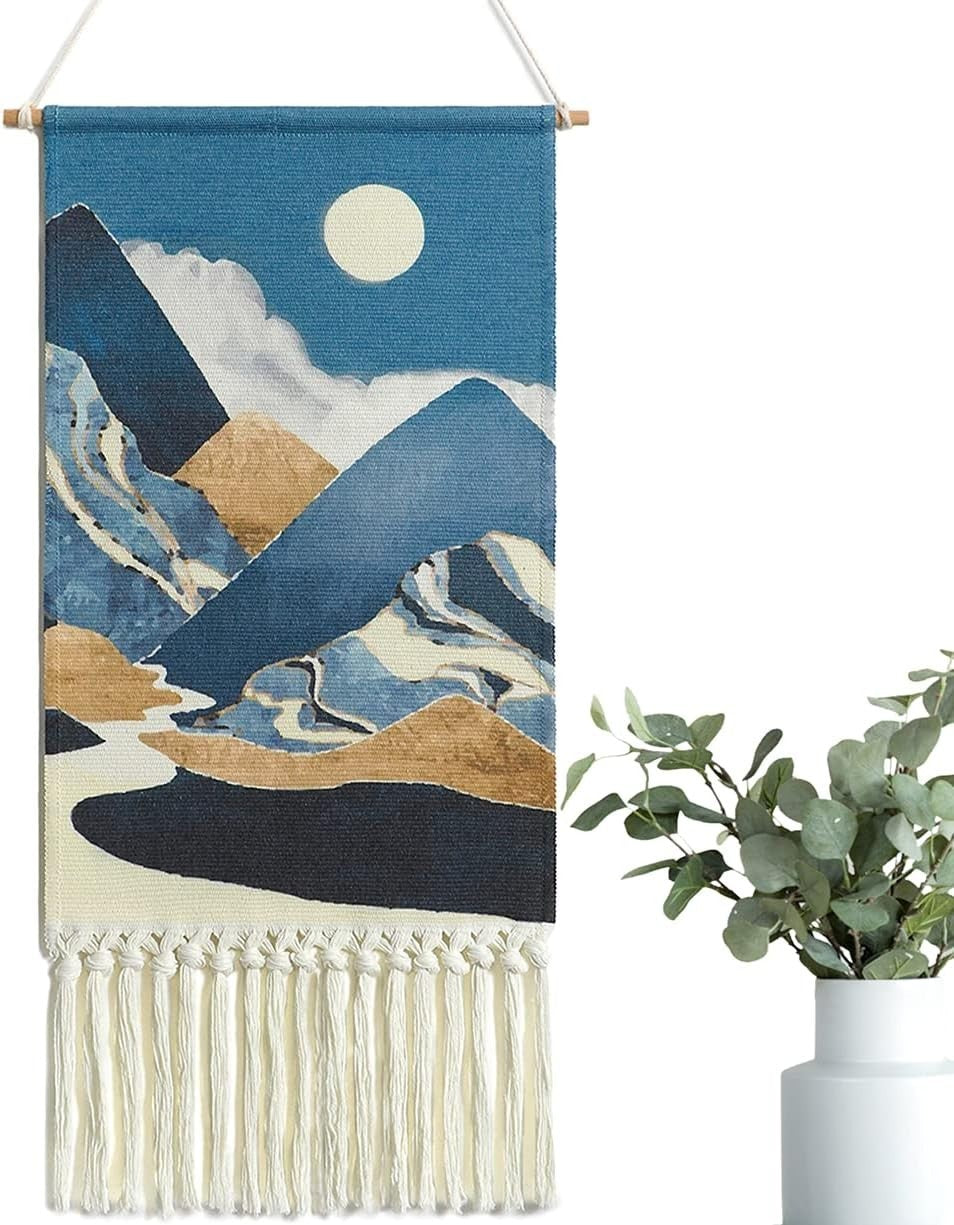 Boho Macrame Wall Hanging Moon Sun Mountain Woven Decor Blue