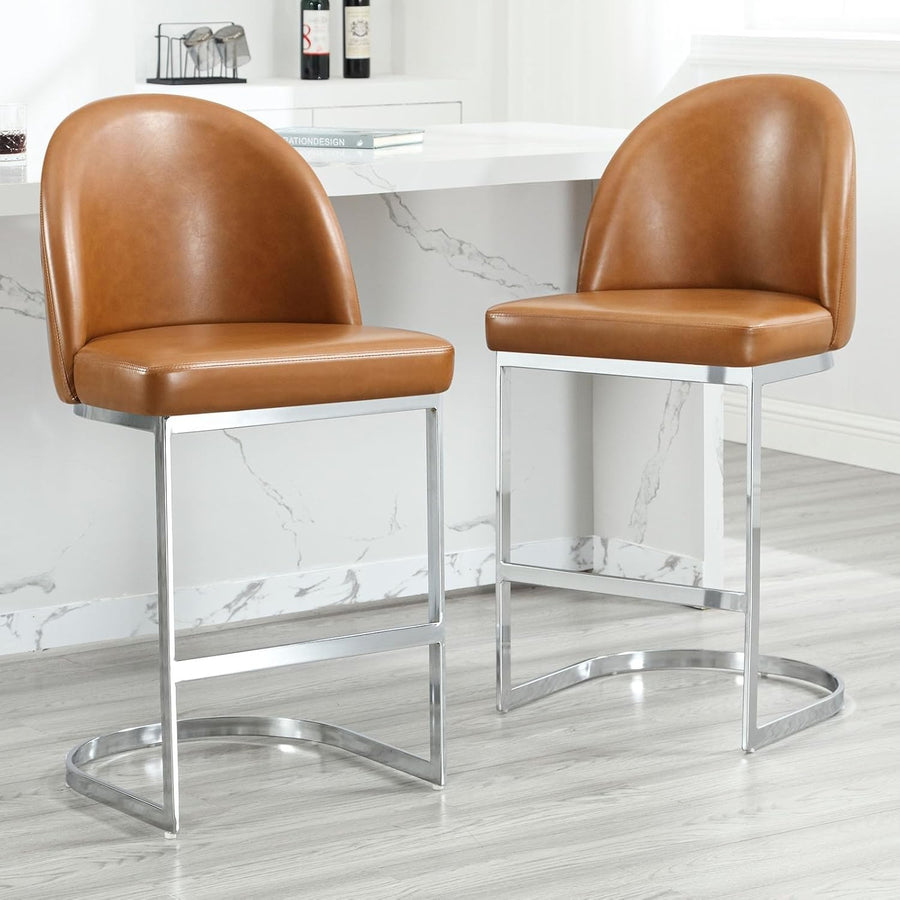 Brown PU Leather Bar Stools Set of 2 Swivel Kitchen Counter with Arms