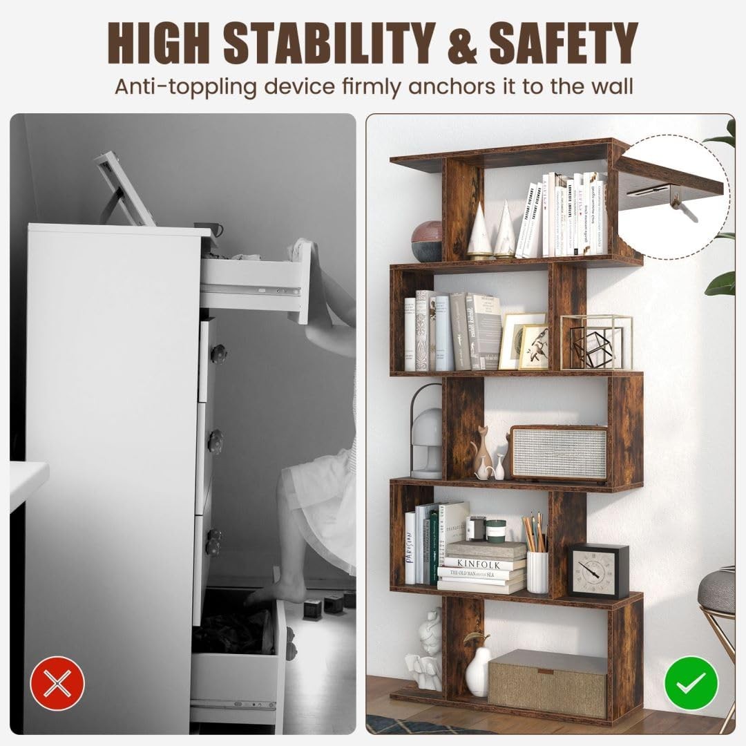 Rustic Brown S-Shaped 5/6 Tier Bookcase Modern Display Shelf Freestanding Unit