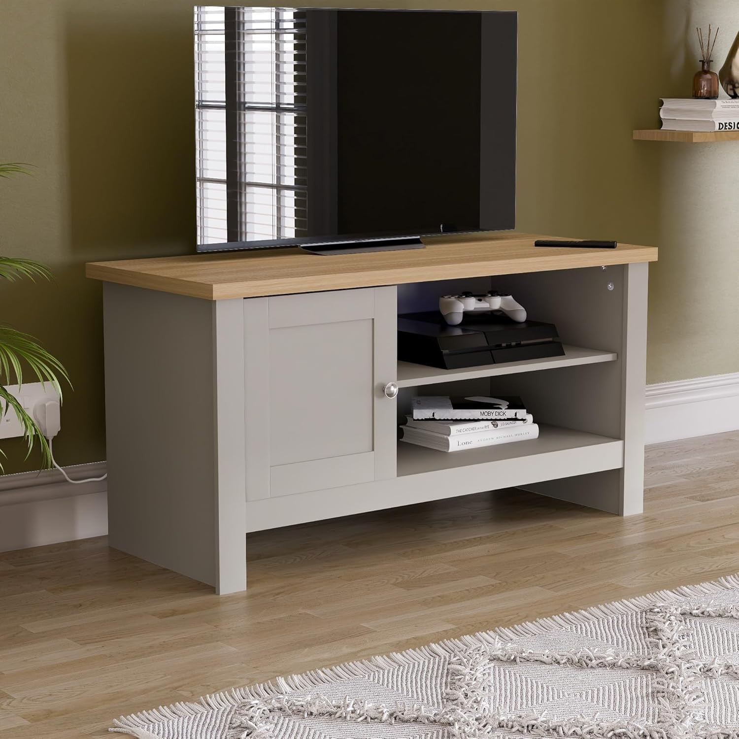 Modern Grey TV Cabinet Stand 1 Door Storage Unit Oak Veneer Entertainment