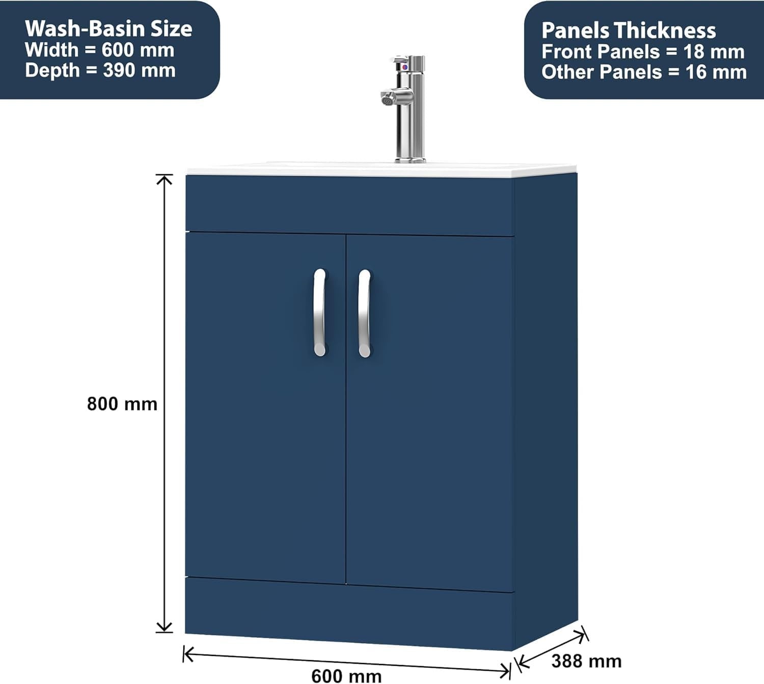 600mm Blue Bathroom Vanity Unit with Basin Floor Standing Sink Storage Cabinet