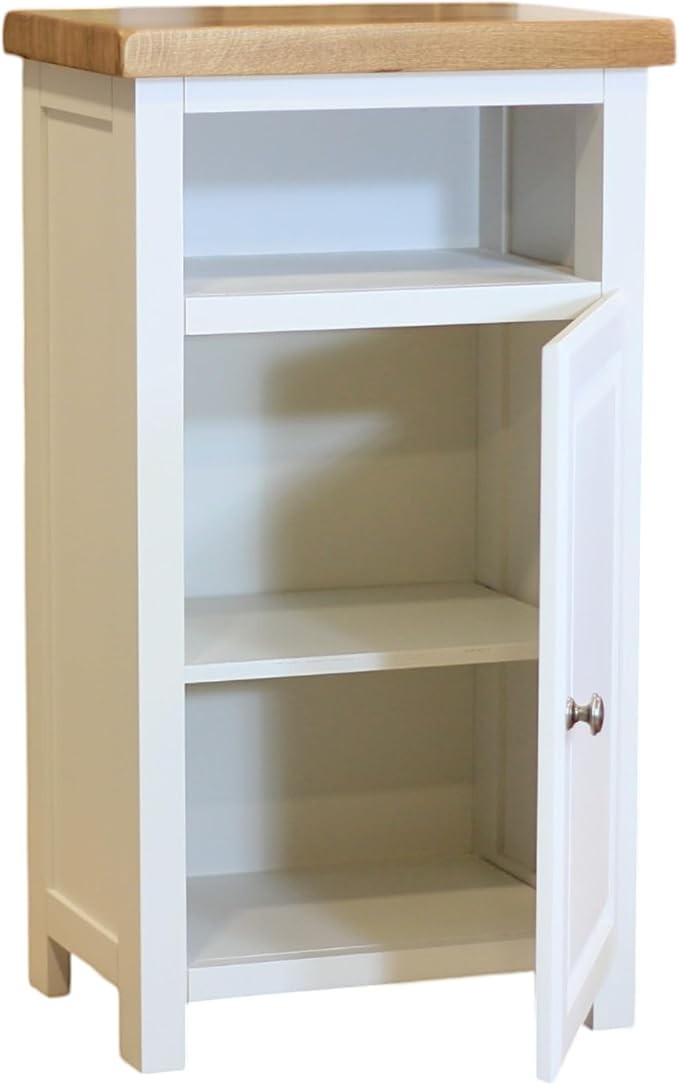 White Slim Wooden Cupboard with Oak Top Bathroom Storage Cabinet Unit