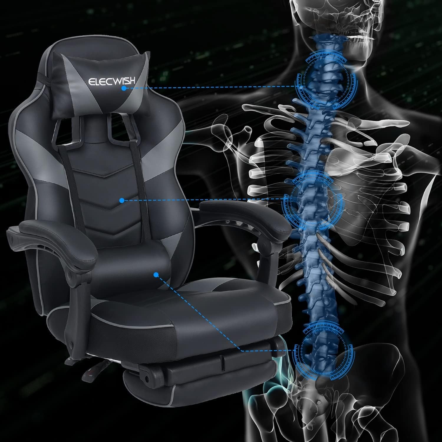 Gaming Chair with Massage & Footrest Reclining Ergonomic Grey