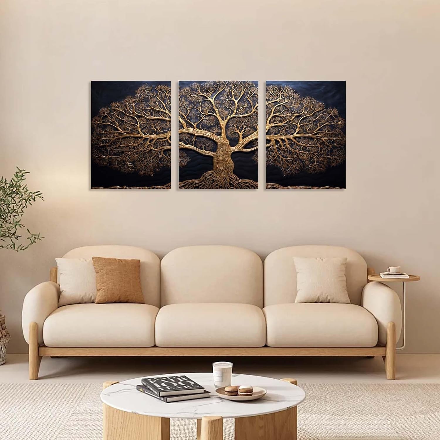 Set of 3 Golden Tree Canvas Wall Art 12x16 Framed Modern Luxury Decor
