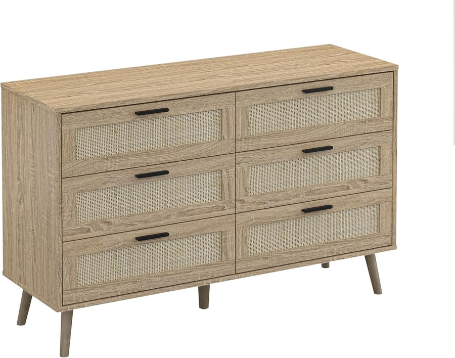 Rattan Chest of Drawers 6 Drawer Oak Wood Storage Cabinet Bedroom