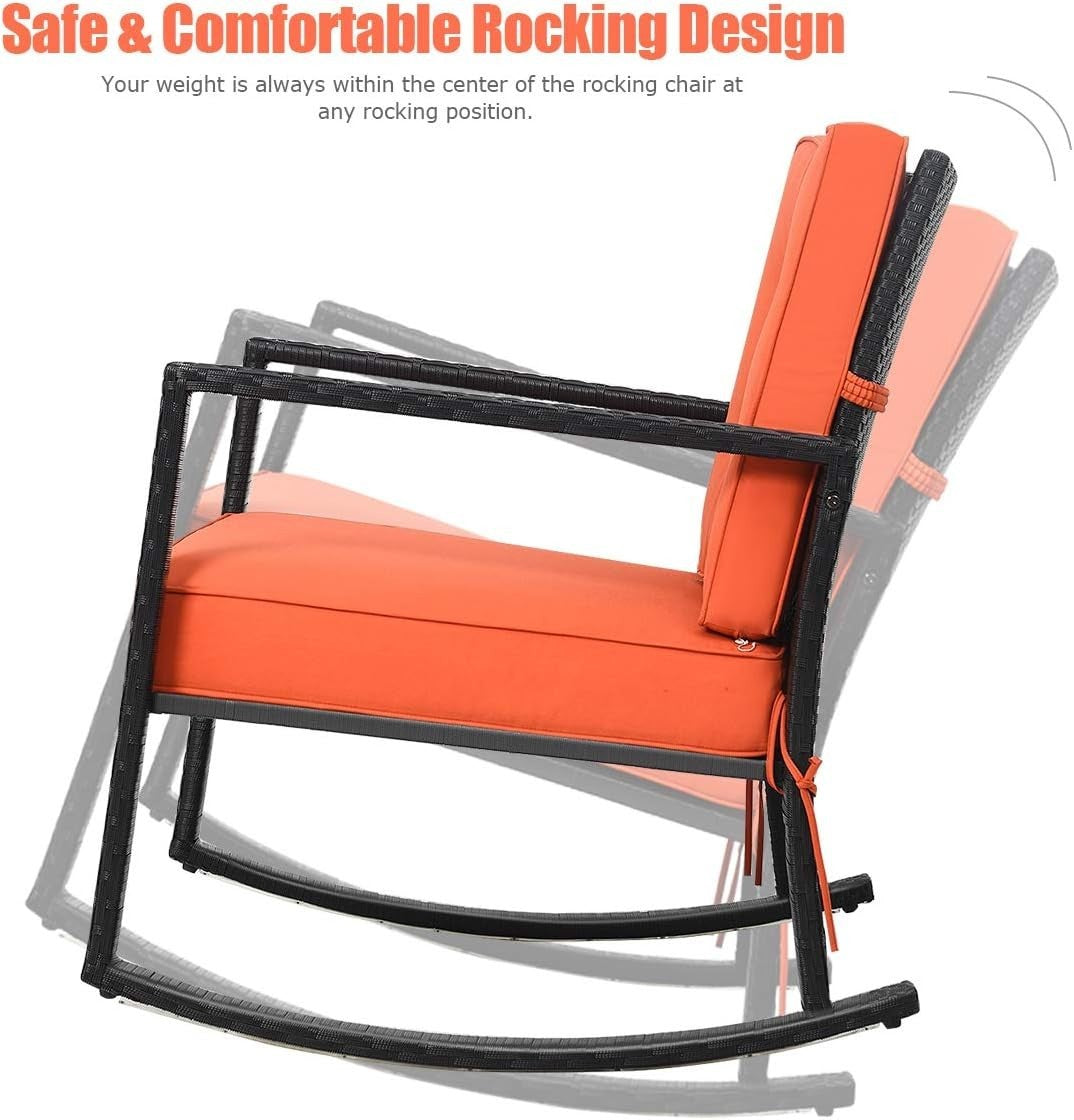 Outdoor Orange Rattan Rocking Chair with Cushions & Armrests Patio Glider