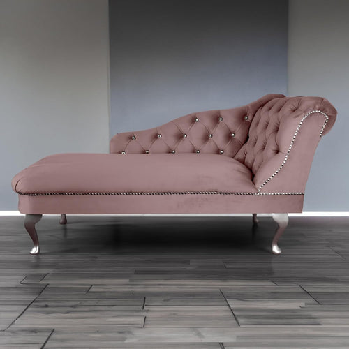 Velvet Chaise Lounge Sofa Right Hand Heather – Tufted Seat, UK Handmade