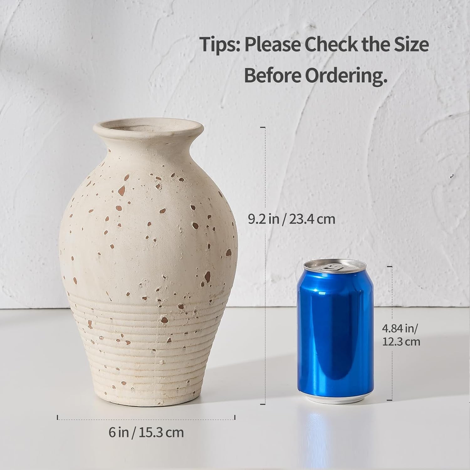 Ceramic Rustic Farmhouse Vase 9.2in Whitewashed Terracotta Home Décor