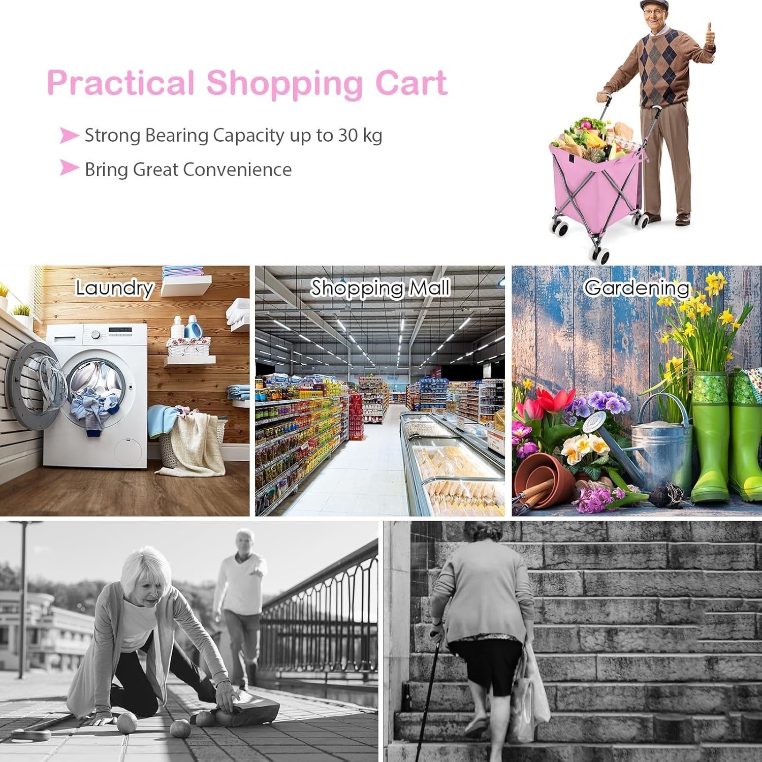 90L Folding Shopping Trolley 8 Wheels Large Push Cart Waterproof Pink