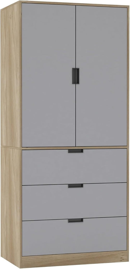 Grey 2 Door Wardrobe with 3 Drawers & Rail | Oak Effect 180cm Storage