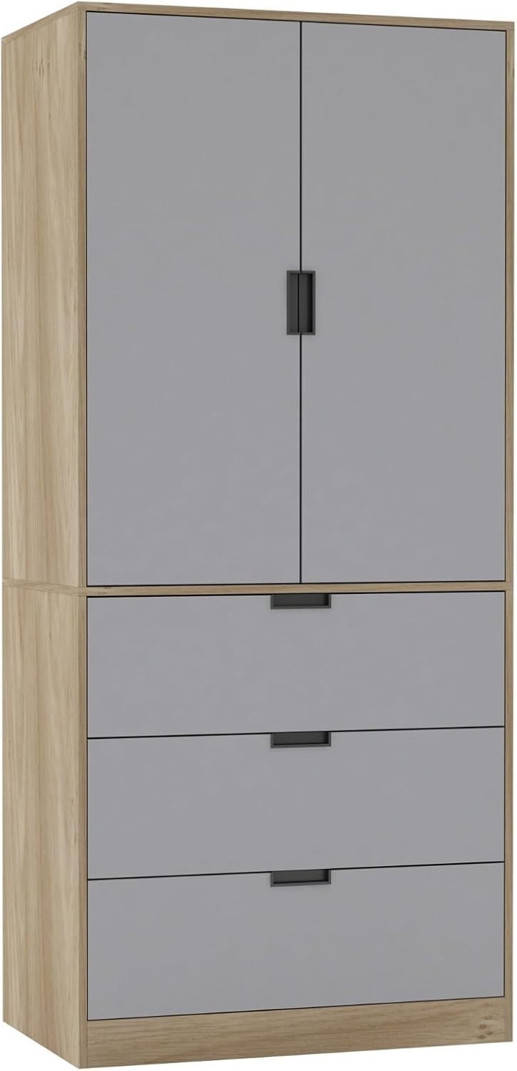 Grey 2 Door Wardrobe with 3 Drawers & Rail | Oak Effect 180cm Storage