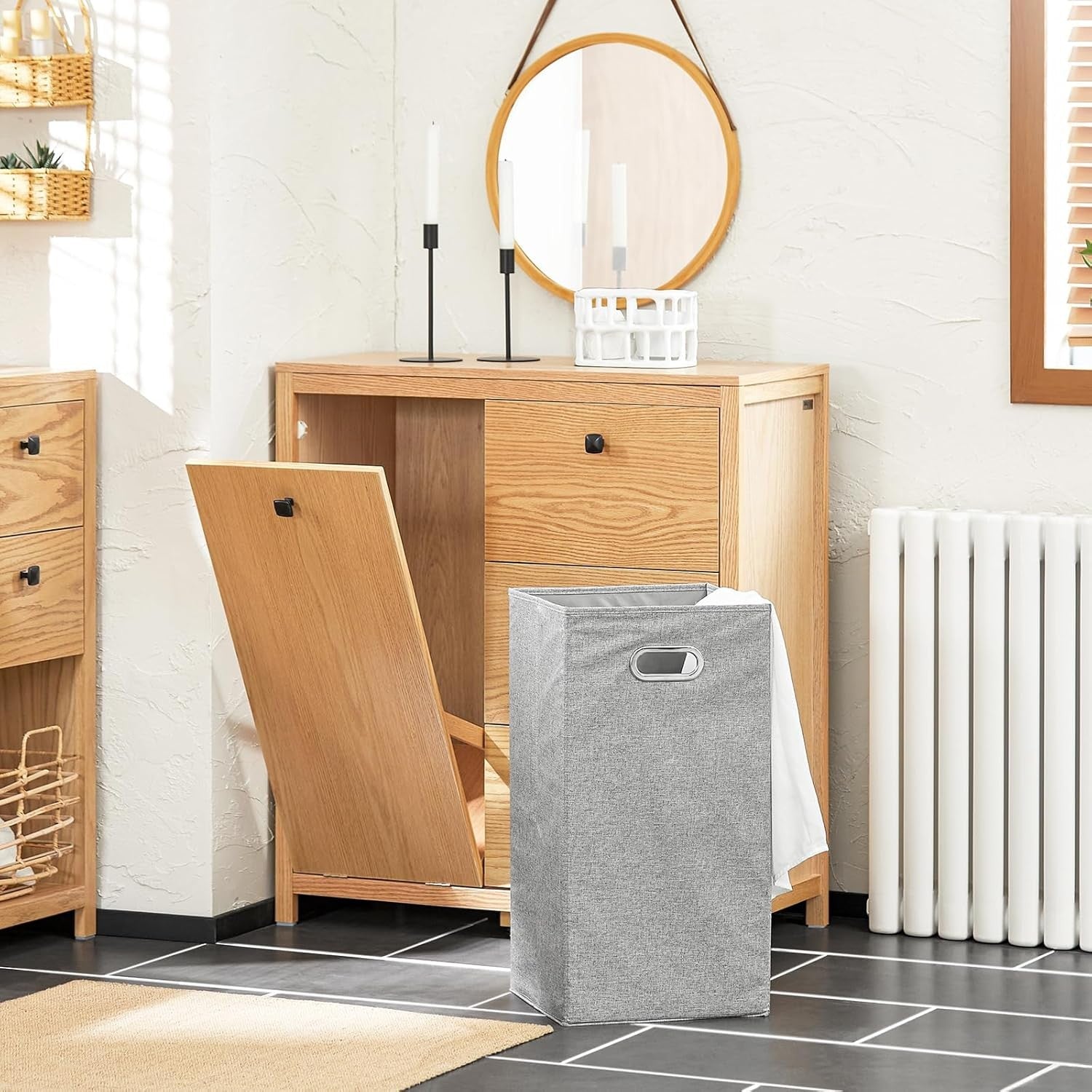 Wooden Bathroom Storage Cabinet with Laundry Basket & 3 Drawers 80×35×90cm