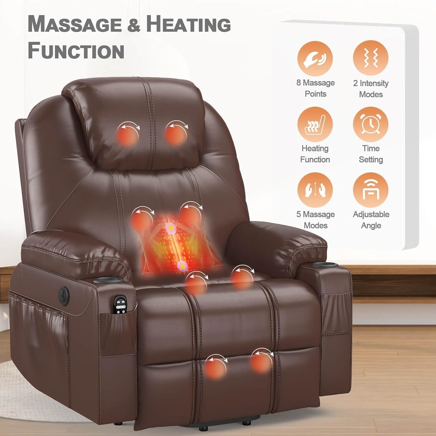 Power Lift Recliner Chair Massage Heat USB Type-C Cup Holders Faux Leather Brown