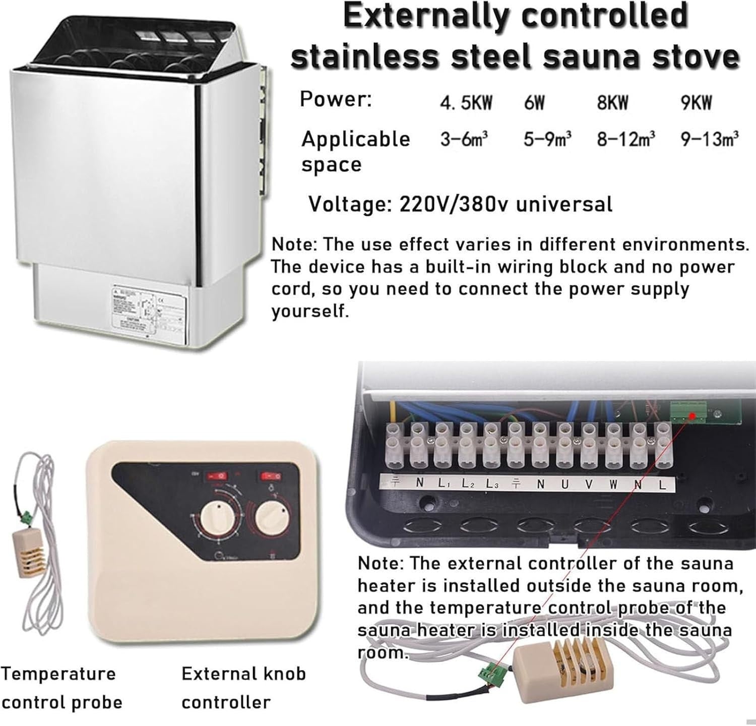 Stainless Steel Electric Sauna Heater 9KW Wet & Dry Stove w/ External Controller