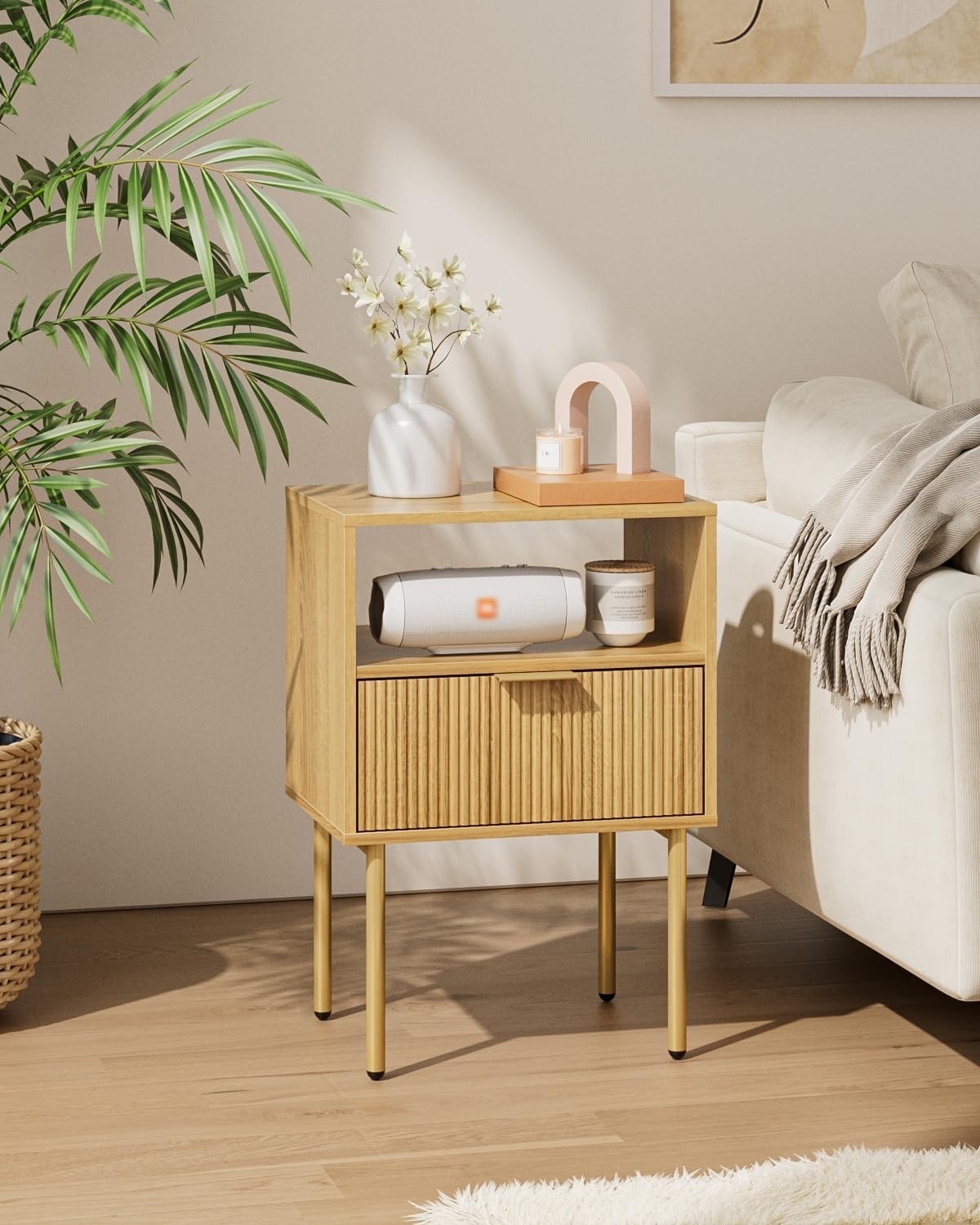 Oak Bedside Table with Drawer & Open Shelf | Modern Wooden Nightstand